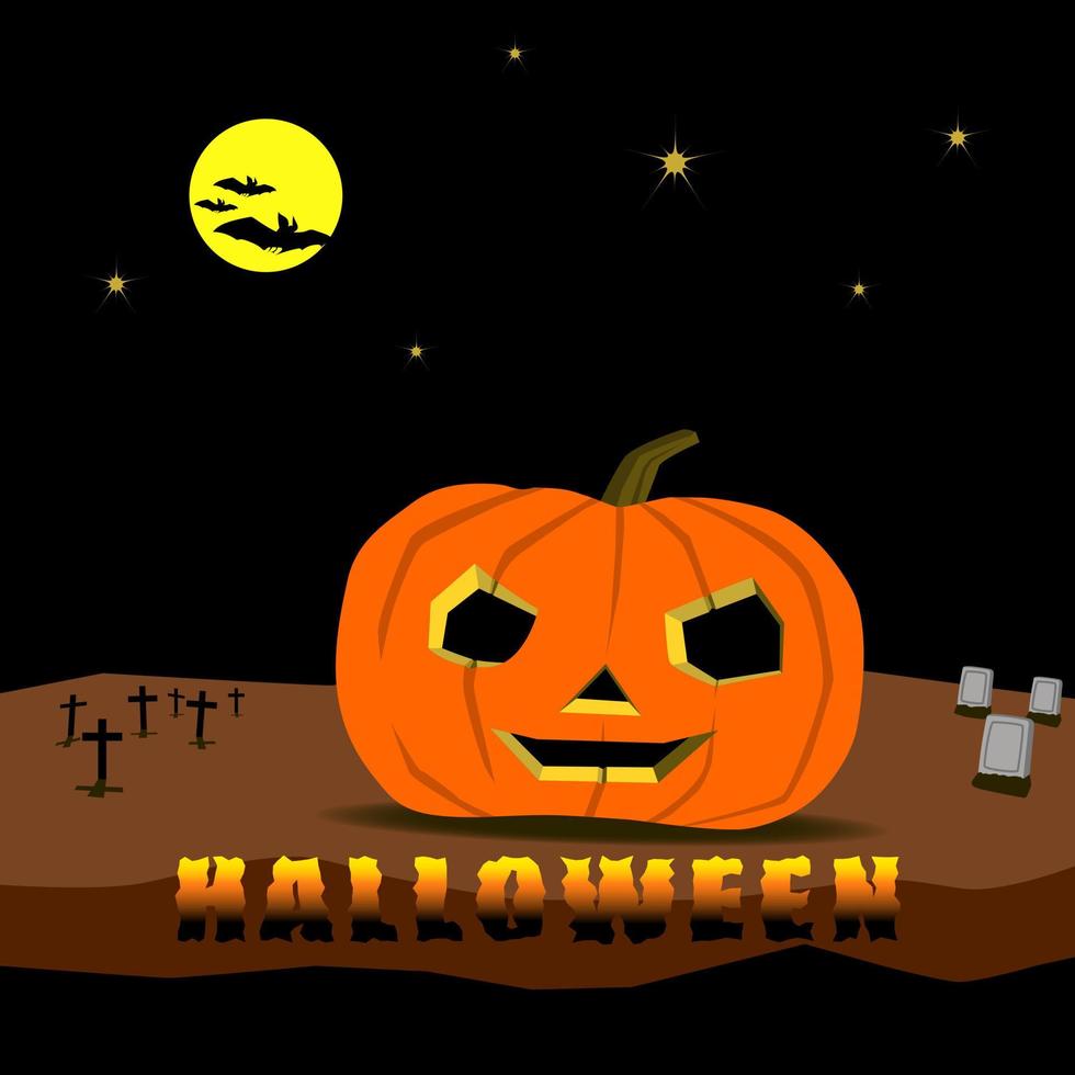 cara de sonrisa de calabaza de halloween en el fondo del cielo oscuro con cruz de murciélago de luna llena y imagen de fondo de ilustración de vector de tumba