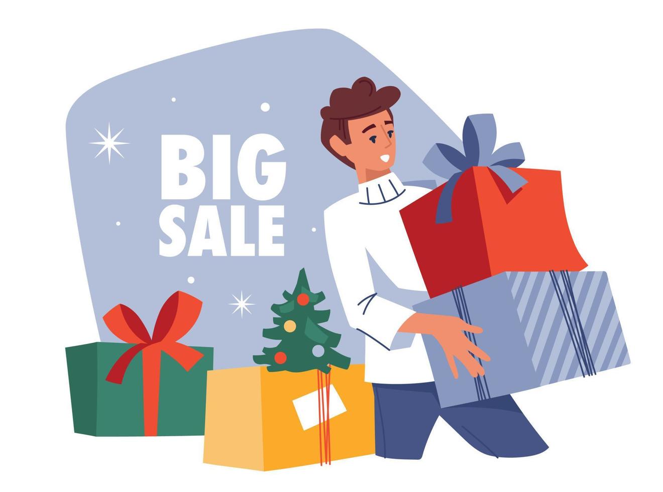 Winter sale. Man with a gift box. Preparing for Christmas. Vector image.
