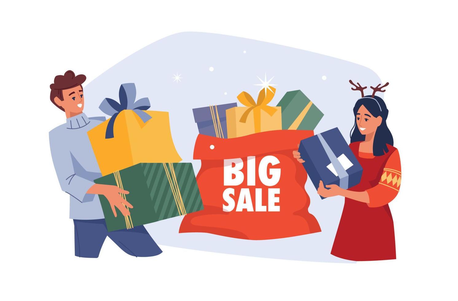 People with gifts. Girl and guy with a gift box. Christmas sale. Preparing for Christmas. Vector image.