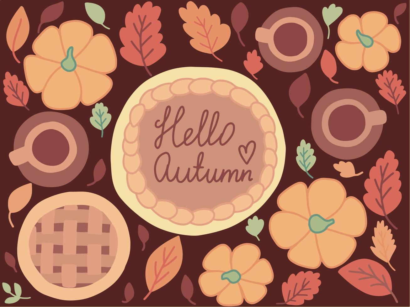 Vector Autumn dinner table top view isolated. Flat style pumpkin pie and coffee on table.