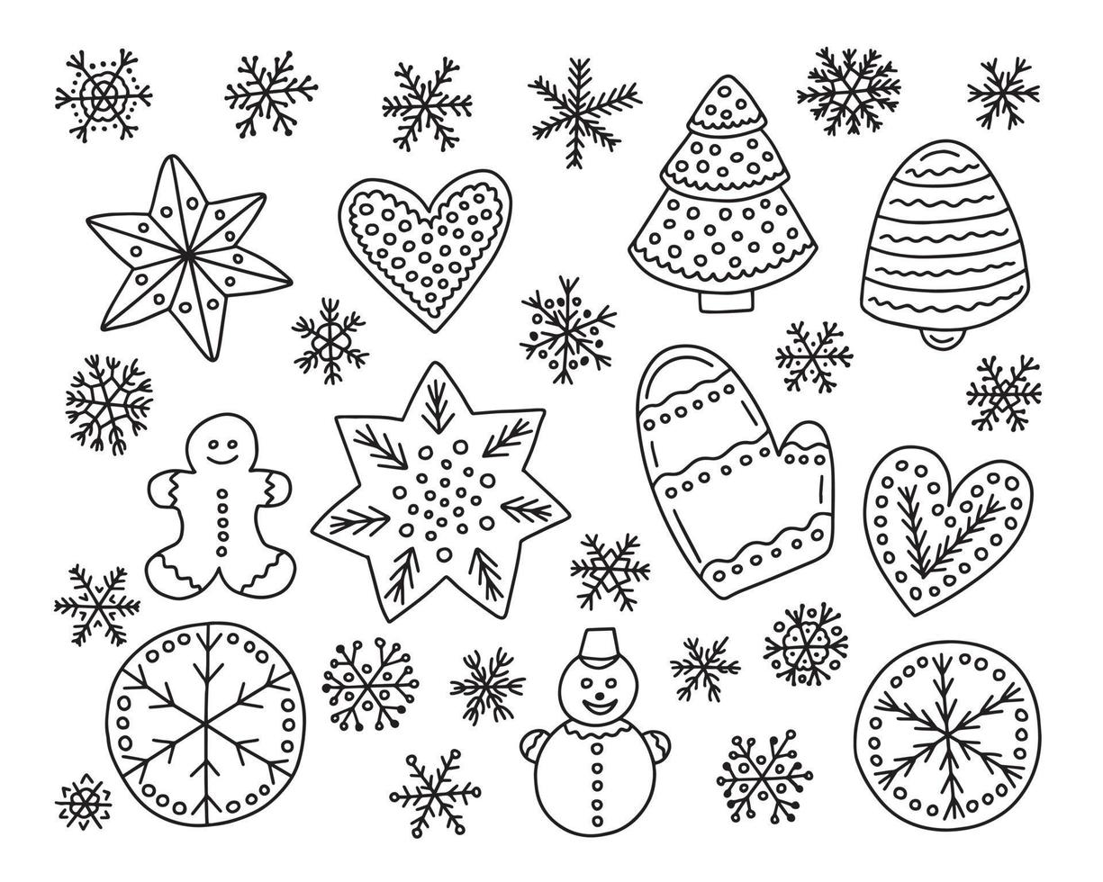 Doodle gingerbread vector set. Hand drawn ginger cookies set. Christmas tree, snowman, ginger cake man and heart cookie