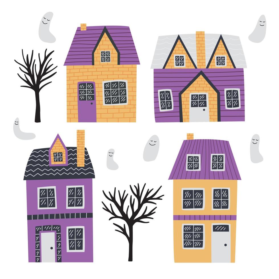 Cute vector houses and ghost set. Hand drawn funny houses Halloween illustration
