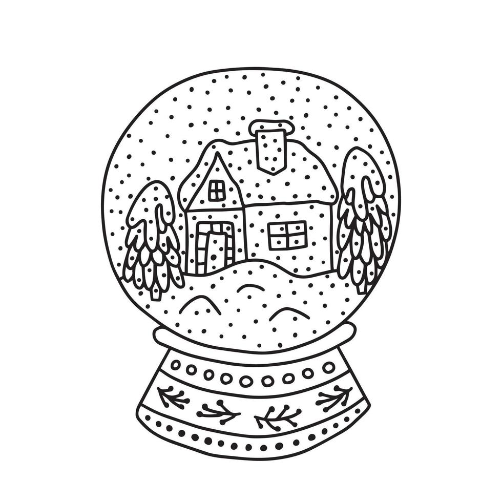 Hand drawn vector glass snow globe with cute house. Coloring page with Christmas snowball.
