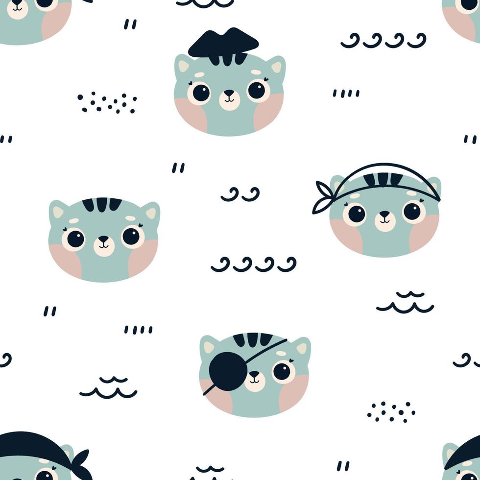 The muzzles of pirate cats. Seamless pattern with kittens in Scandinavian style. vector