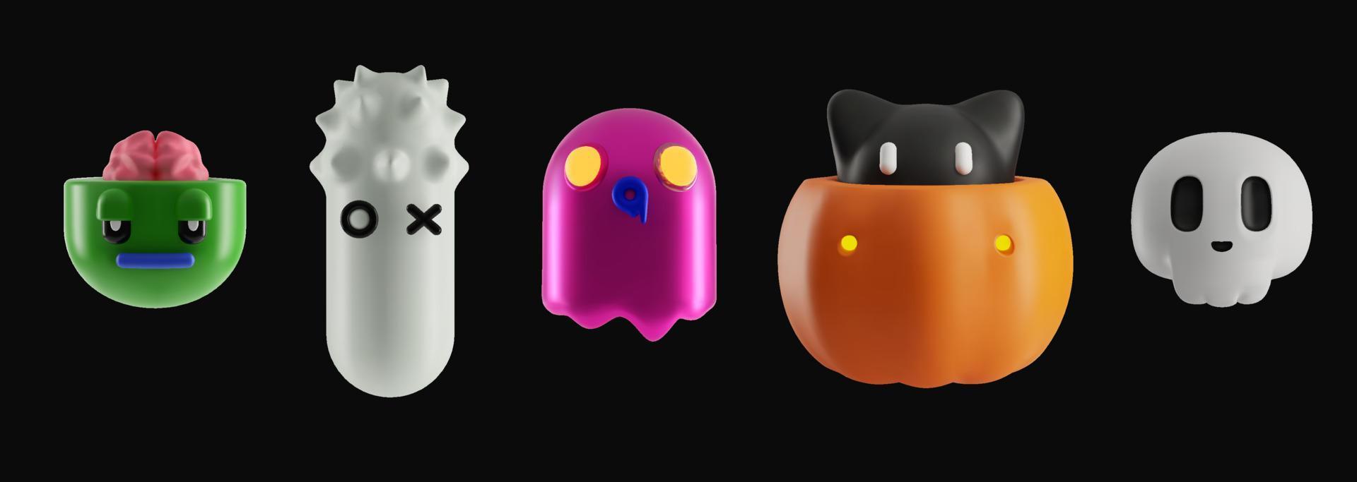 A set of cute Halloween monsters. Funny 3d characters in trendy plastic style. Vector illustration with a skull and pumpkin cast