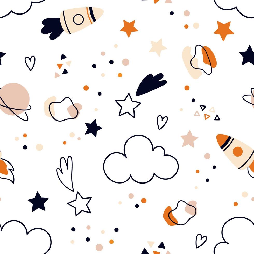 Cute space pattern with rockets and stars. Seamless vector in doodle style. For wallpaper in the nursery or textiles