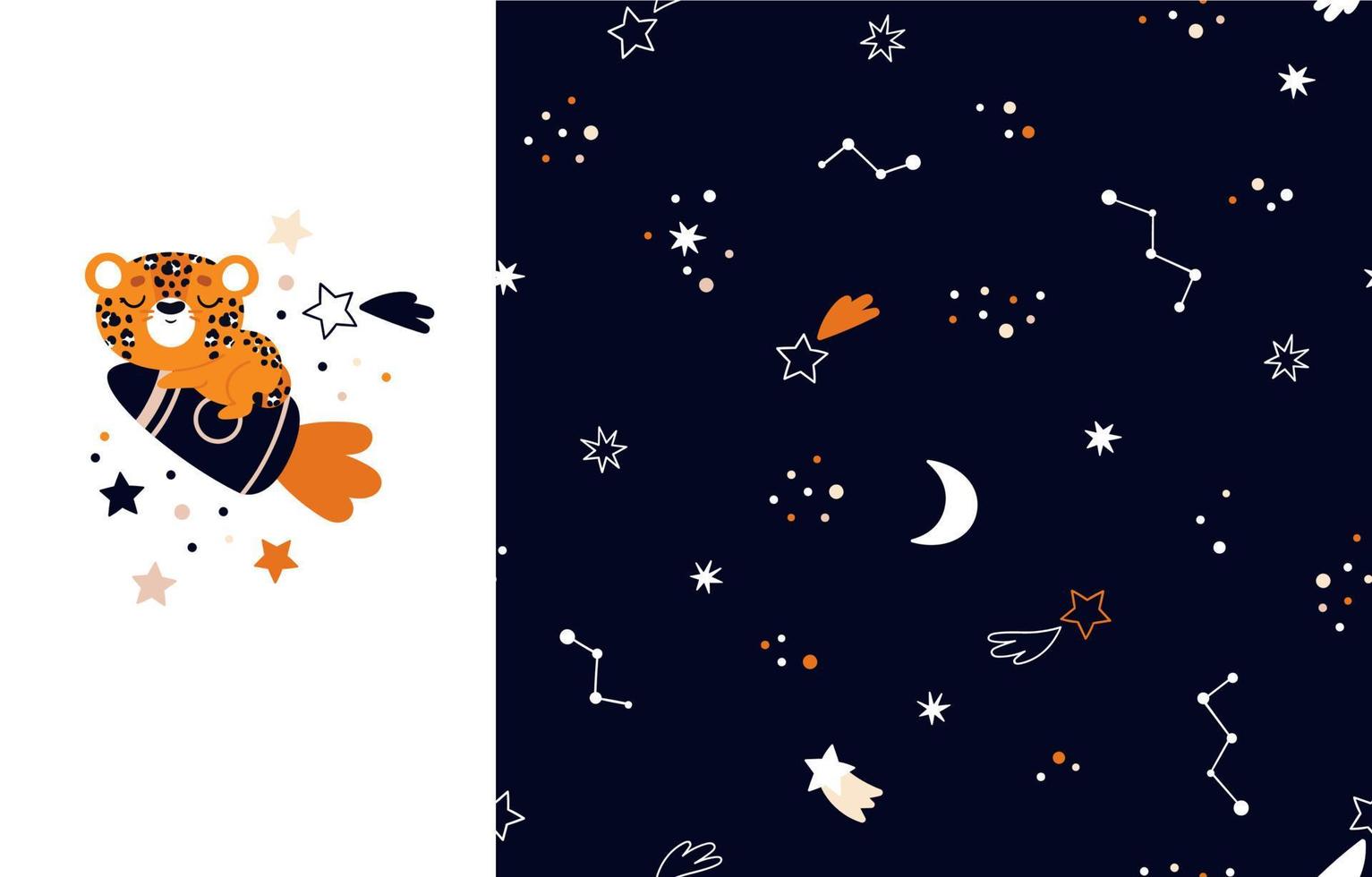 bebé animal leopardo en un cohete. el conjunto es un clipart aislado y un patrón impecable con espacio y estrellas. lindo estampado para ropa de niños vector