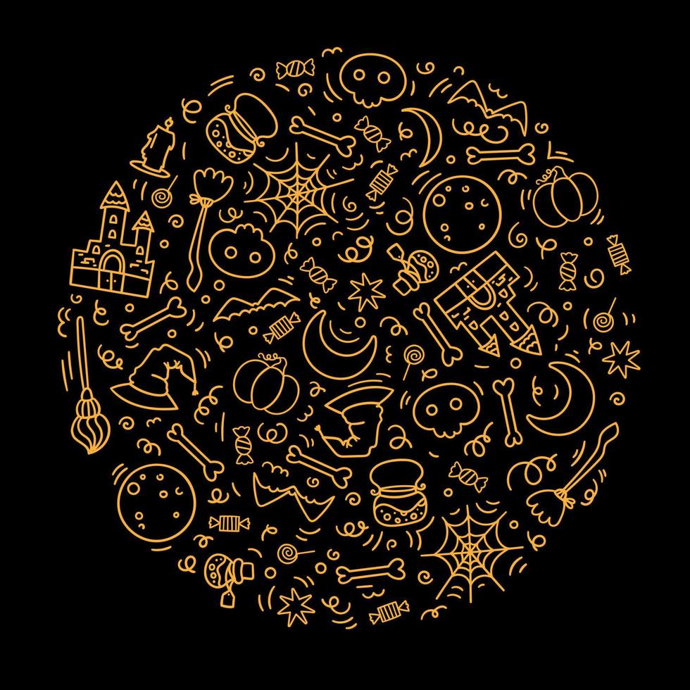 ilustración de fideos en un círculo con objetos para halloween vector