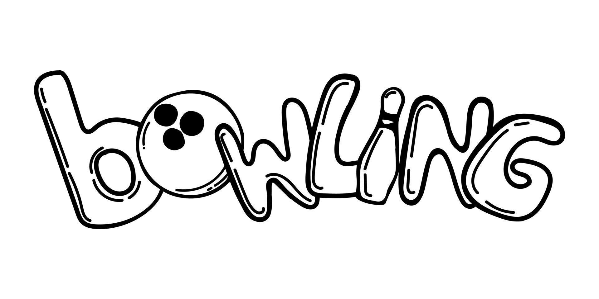 Hand-drawn bowling lettering . Bowling ball and pins stylized as letters. Skittles. Sport. Game. Strike, win. Vector simple illustration