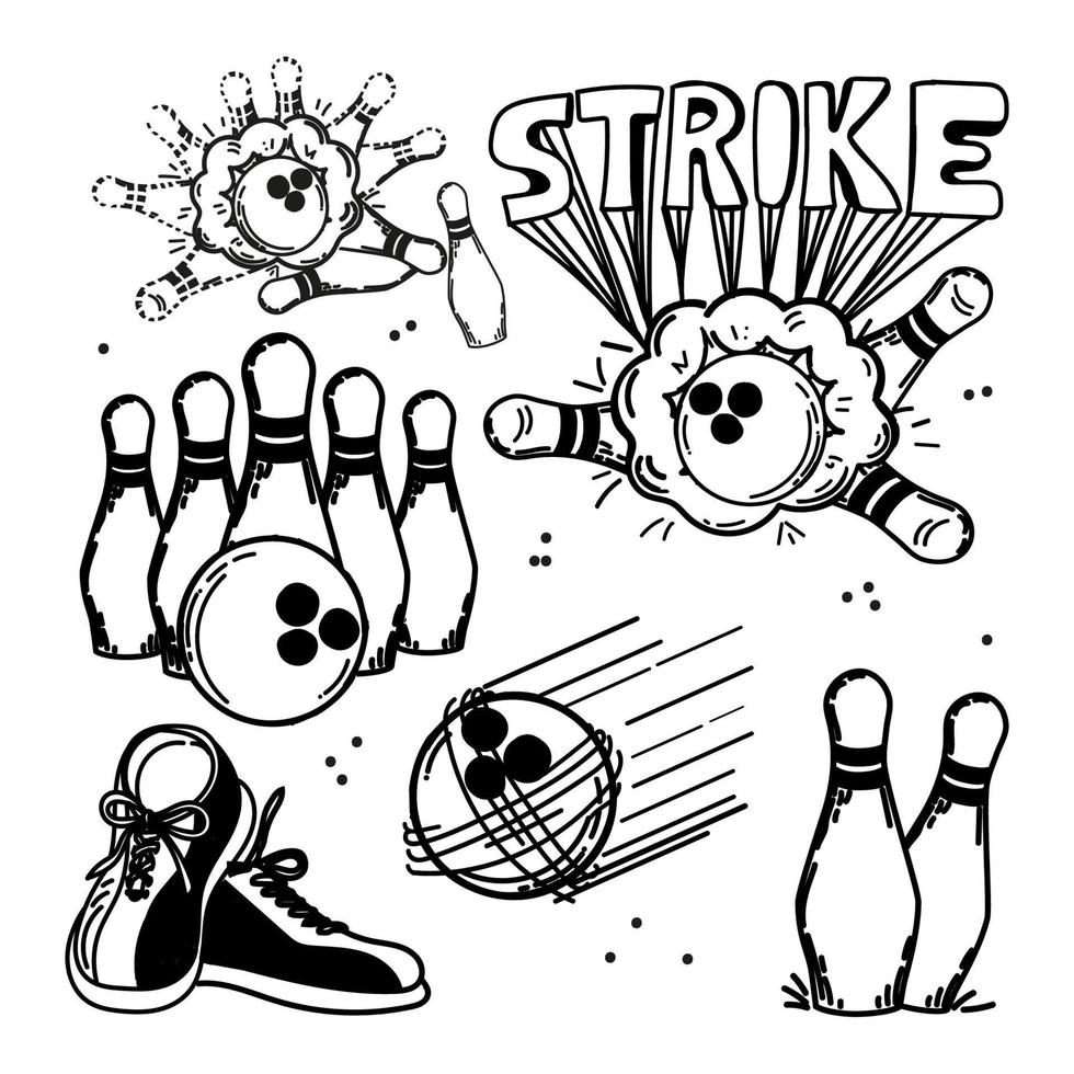 A set of hand-drawn elements with a bowling theme. Bowling ball, pins, shoes. Handwritten strike inscription. Ball smashes pins. Flying ball in the target. Skittles. Sports. The game. Hit, win vector