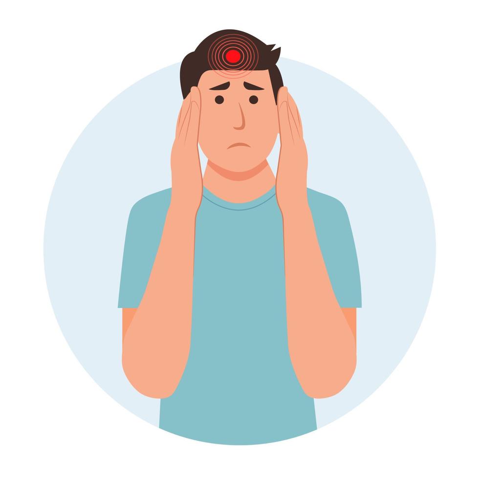 The man having   headache and migraines. Symptoms of a viral disease.Respiratory Illness, Virus Prevention.Isolated. Vector illustration in flat cartoon style. Health and medicine.