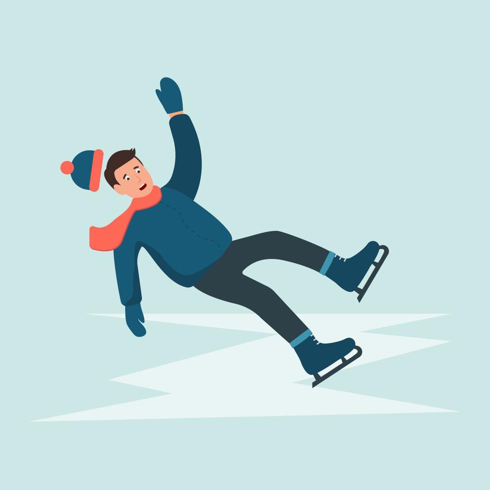 el hombre resbaló en la pista de hielo. niño cae, agitando las manos. resbaladizo. Ilustración de diseño plano de skate.vector. vector