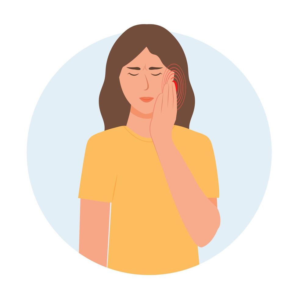 The woman having   toothache or earache. Symptoms of a viral disease.Respiratory Illness, Virus Prevention.Isolated. Vector illustration in flat cartoon style. Health and medicine.