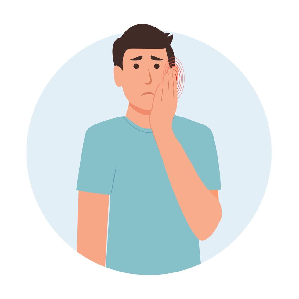 The man having   toothache or earache. Symptoms of a viral disease.Respiratory Illness, Virus Prevention.Isolated. Vector illustration in flat cartoon style. Health and medicine.