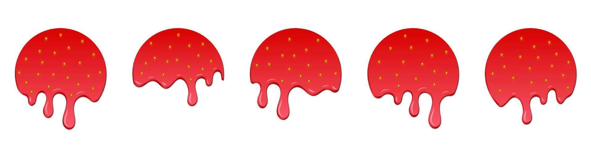 Set of strawberry drops. Dripping melted strawberry. Realistic melted strawberry. Strawberry drops. Melting strawberry. Red liquid dessert, sweet drip melt. Vector illustration