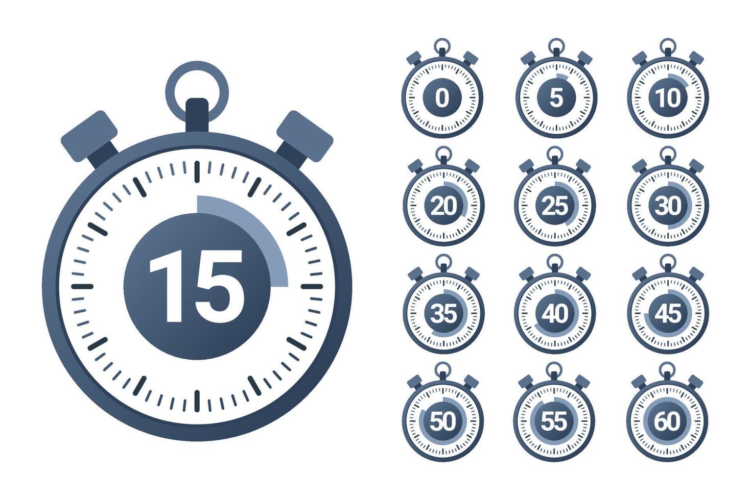 Stopwatch icons. Timer icons set. Countdown from 0 to 60 seconds. Stopwatch symbol collection. Vector illustration