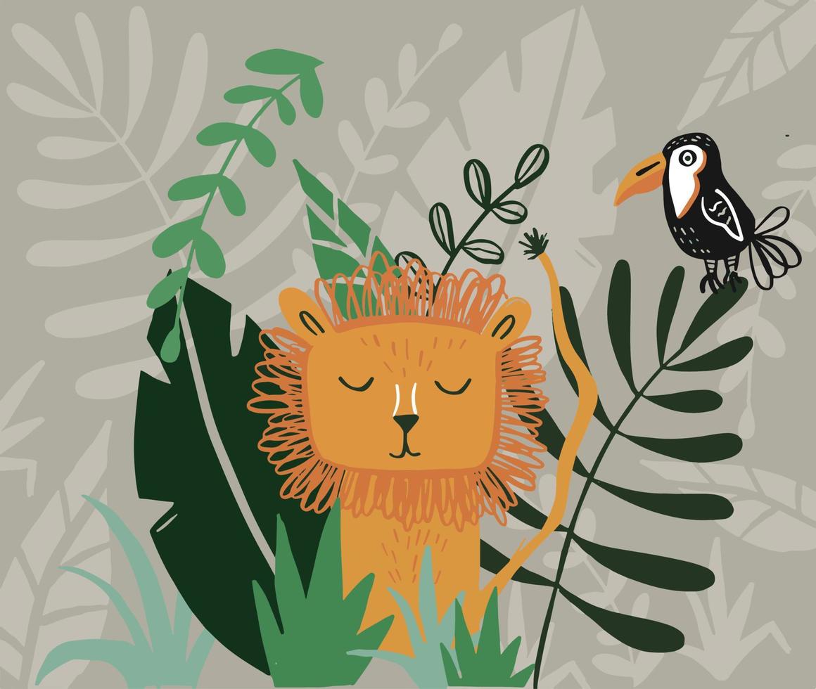 Cute lion with leaves and cockatoo. High quality illustration vector