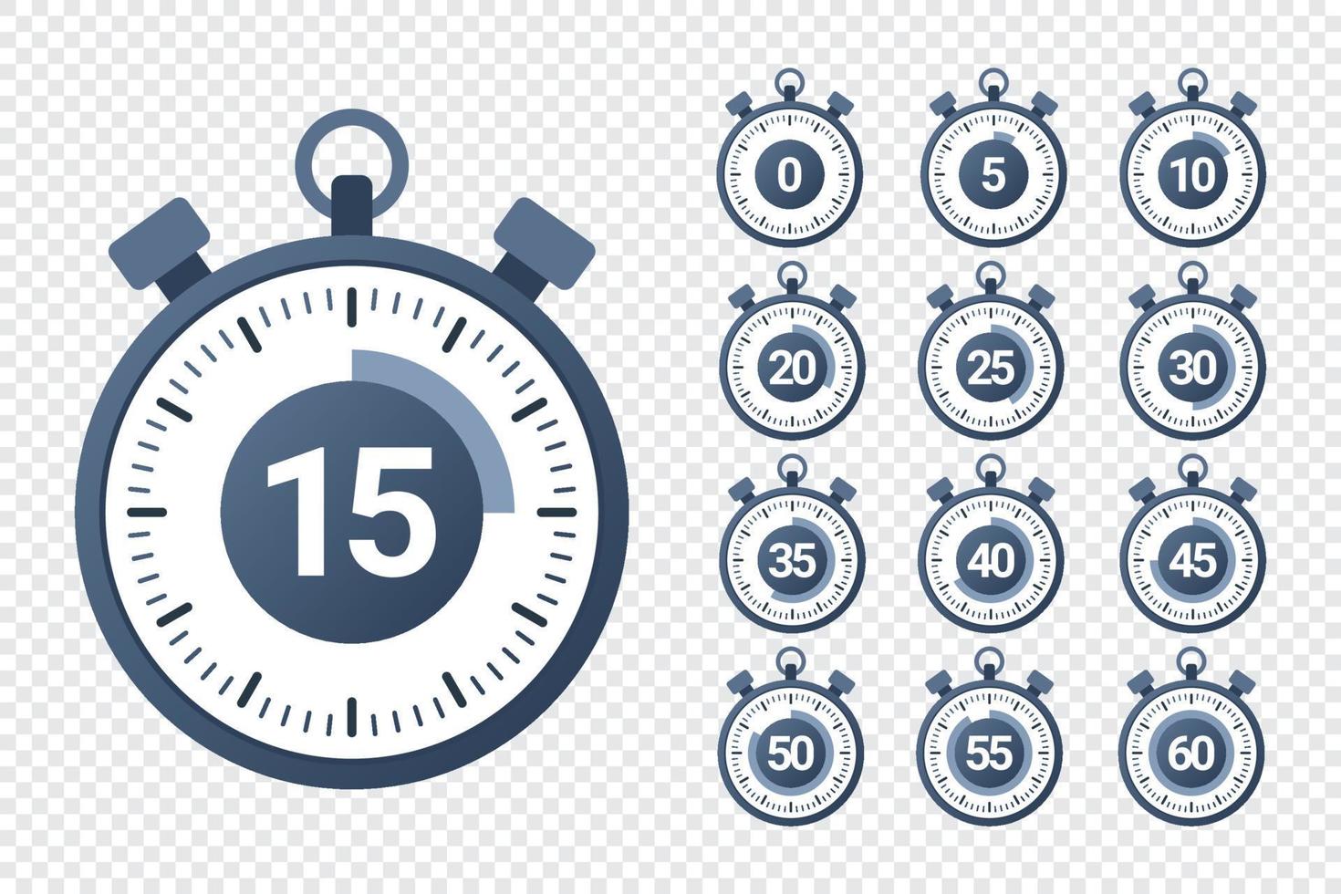 Stopwatch icons. Timer icons set. Countdown from 0 to 60 seconds. Stopwatch symbol collection. Vector illustration