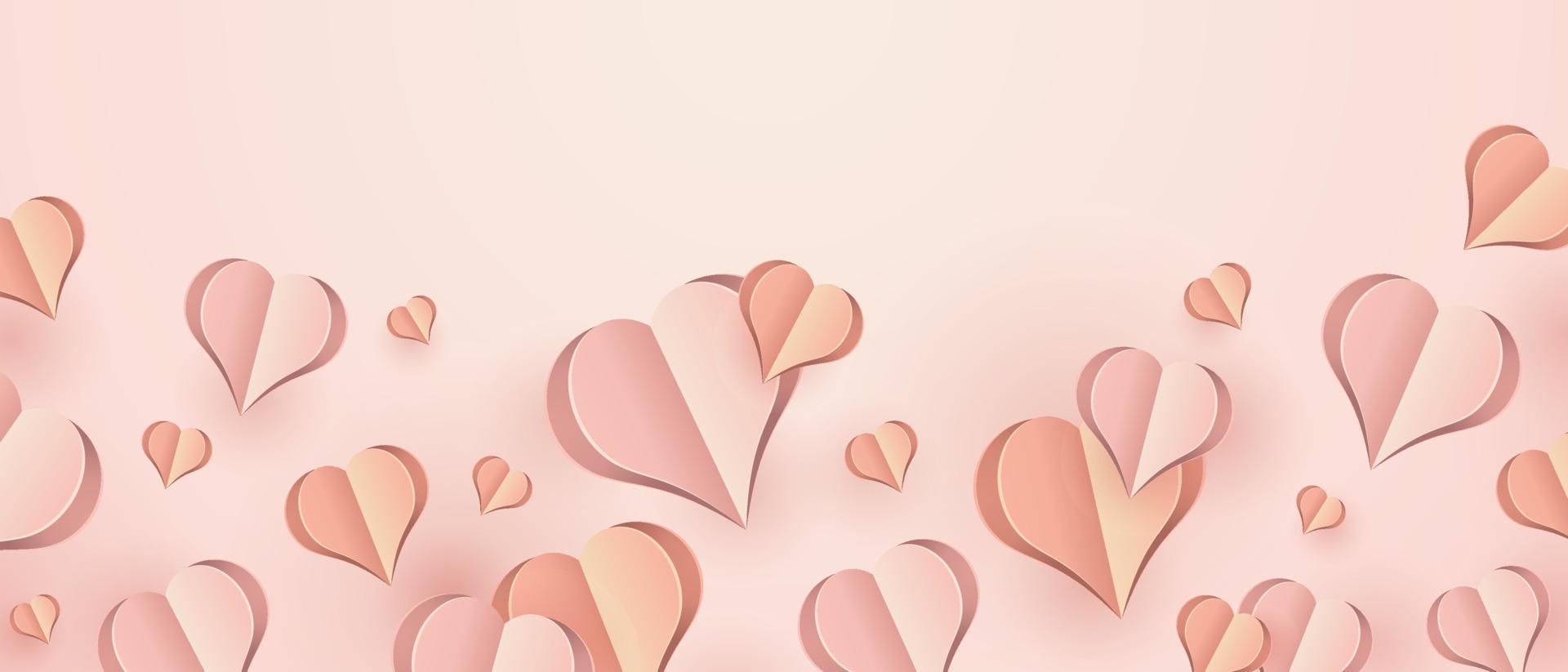 Paper elements in shape of heart flying on pink background. Vector symbols of love for Happy Women's, Mother's Day, or Birthday greeting card. Vector illustration