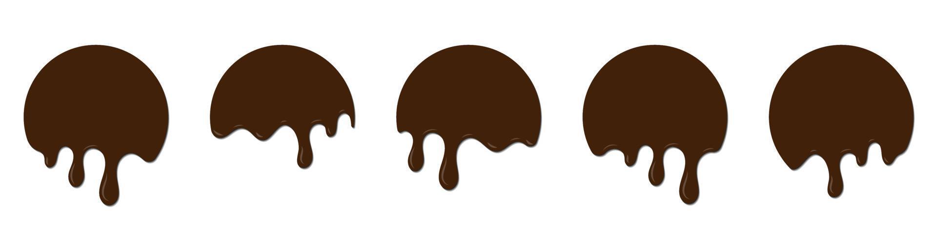 conjunto de gotas de chocolate. chorreando chocolate derretido. chocolate derretido realista. gotas de chocolate chocolate derretido. postre líquido marrón, goteo dulce derretido. ilustración vectorial vector