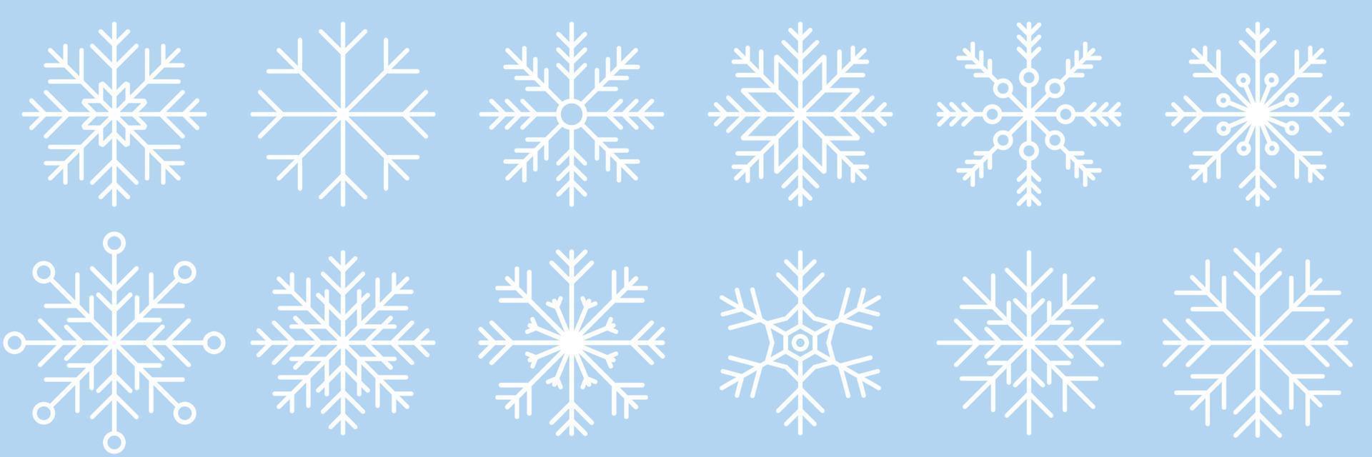 Snowflake variations icon collection. Snowflake icons set. Snowflake symbols. Snow icon. Frost winter background. Snowflakes ice crystal isolated. Vector illustration