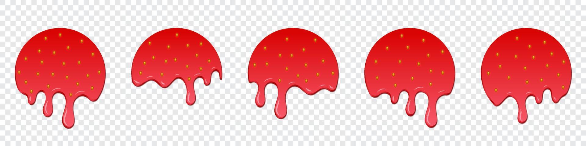 Set of strawberry drops. Dripping melted strawberry. Realistic melted strawberry. Strawberry drops. Melting strawberry. Red liquid dessert, sweet drip melt. Vector illustration