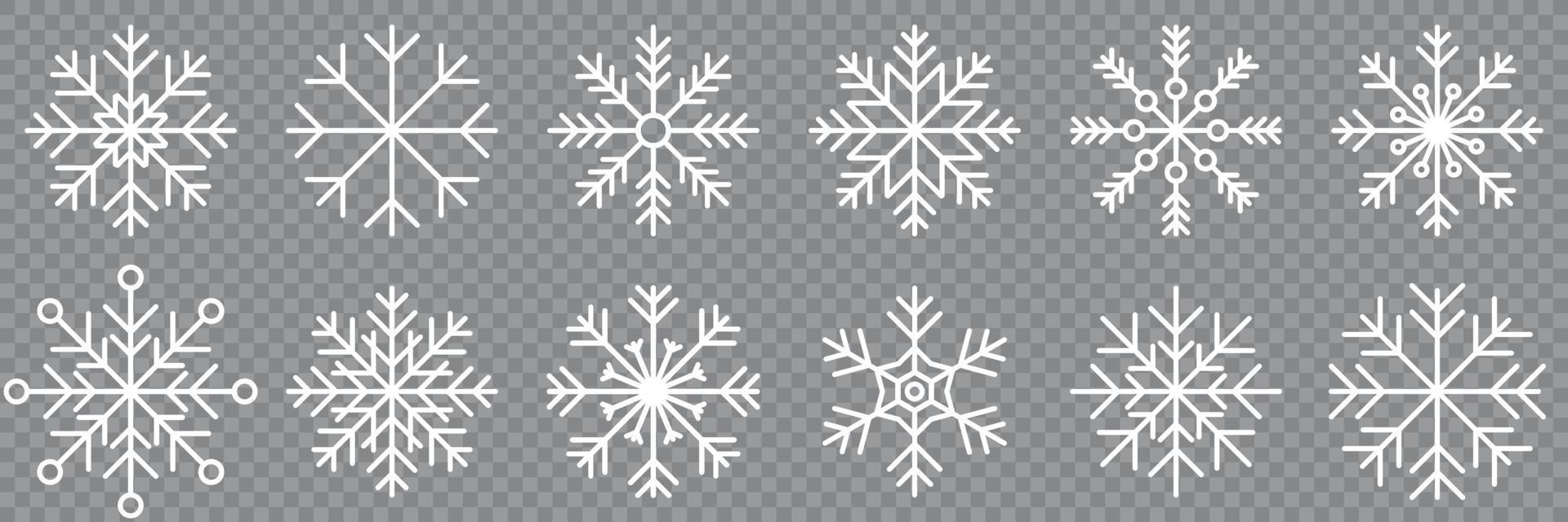 Snowflake variations icon collection. Snowflake icons set. Snowflake symbols. Snow icon. Frost winter background. Snowflakes ice crystal isolated. Vector illustration