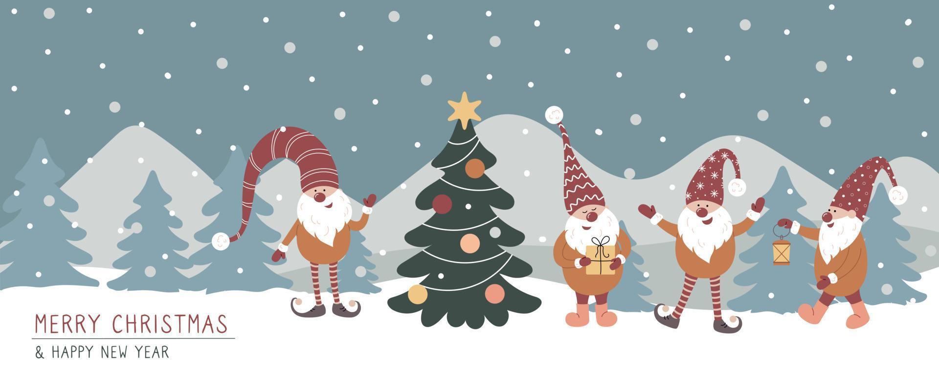 banner de ilustración de vector de dibujo a mano con lindos gnomos en bosque de nieve y árbol de navidad