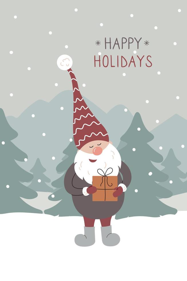 tarjeta de felicitación de felices fiestas. lindo gnomo sueco de navidad con sombrero rojo de santa sosteniendo presente vector
