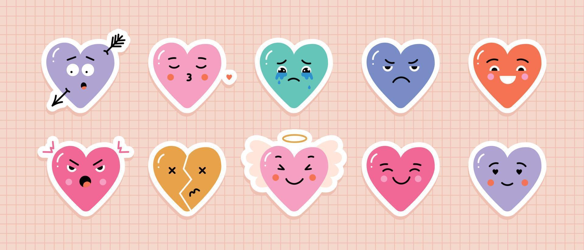 pegatinas de corazones vectoriales con diferentes emociones faciales. lindos personajes de dibujos animados para el día de san valentín. vector