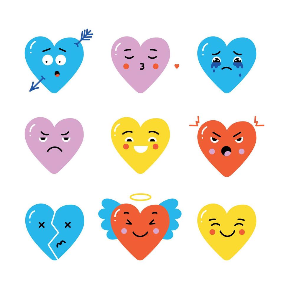Vector hearts with different face emotions. Cute cartoon characters for valentines day.