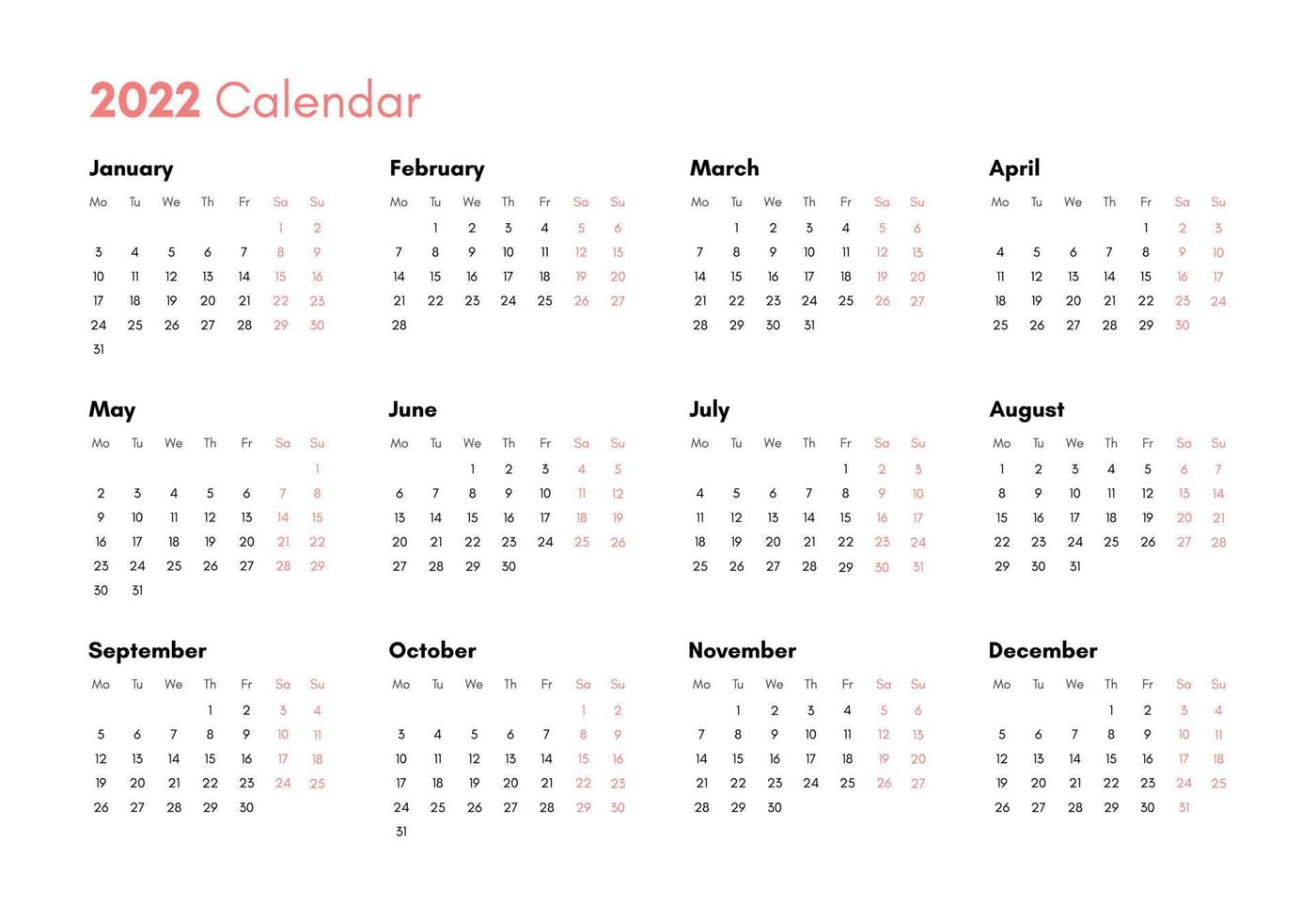 Pocket calendar on 2022 year. Horizontal view. Week starts from Monday. vector