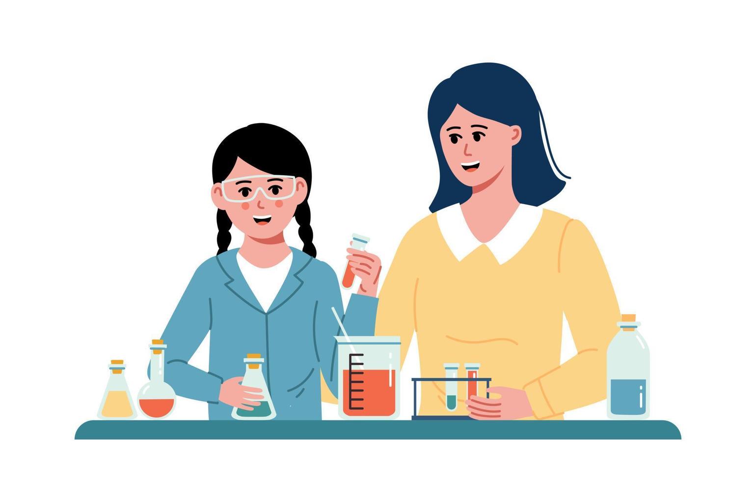 madre e hija de dibujos animados haciendo experimentos de química en cristalería de laboratorio en casa vector