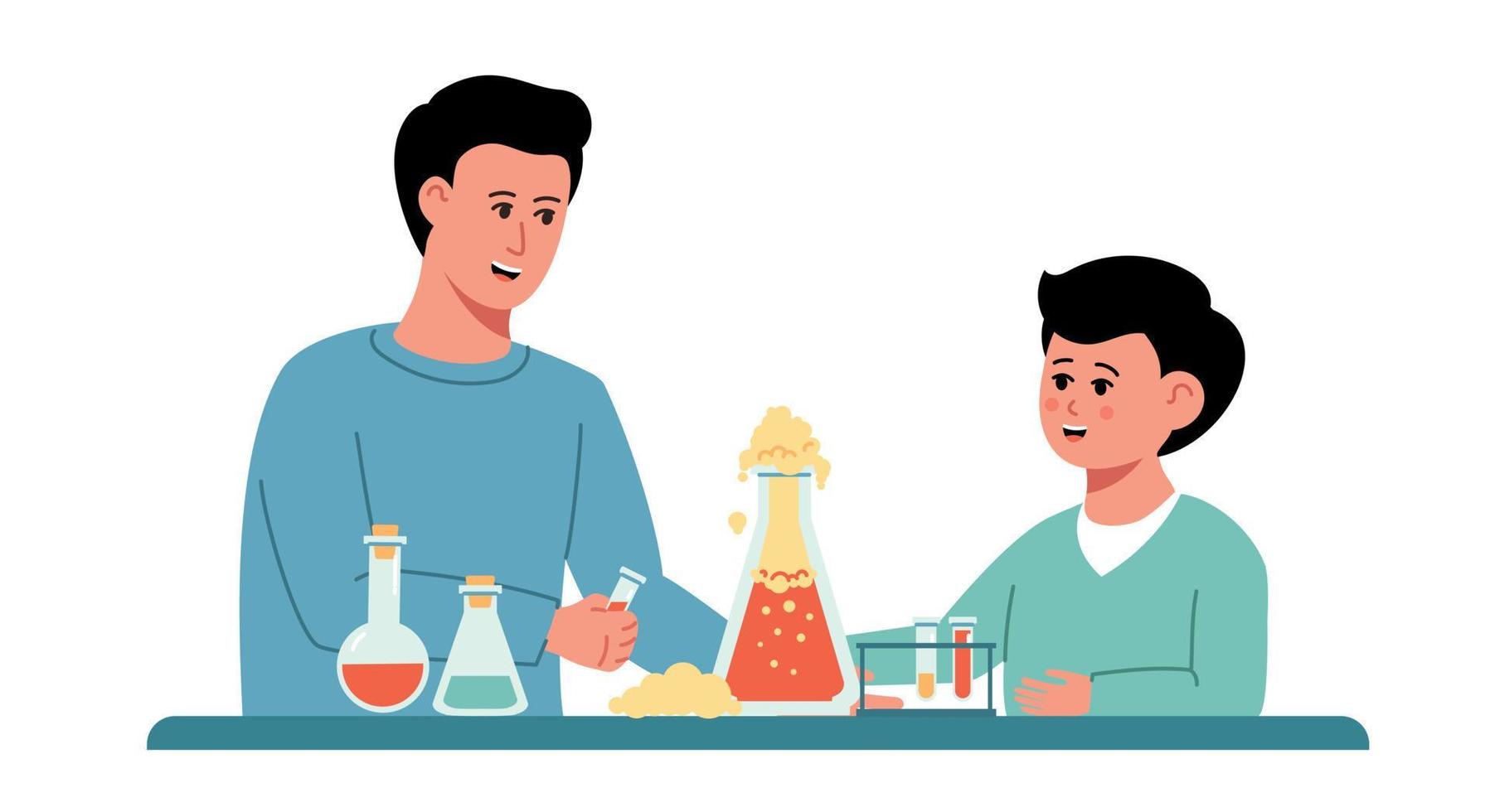 padre e hijo de dibujos animados haciendo experimentos de química en cristalería de laboratorio en casa vector