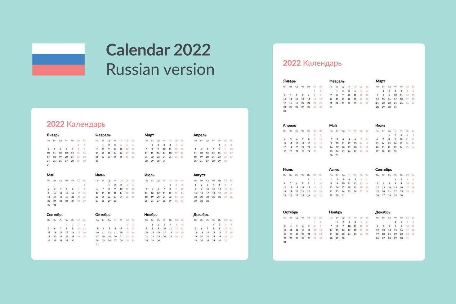 calendario de bolsillo ruso en el año 2022. vista horizontal y vertical. la semana comienza a partir del lunes. vector