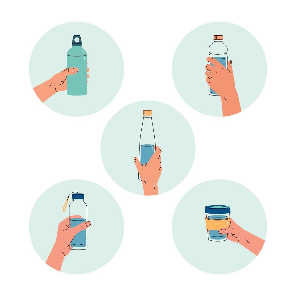 Set of reusable containers for liquids. Various poses of hands holding a bottle vector