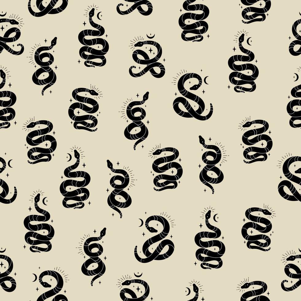 Vector magic seamless pattern with black snakes and signs moon and stars