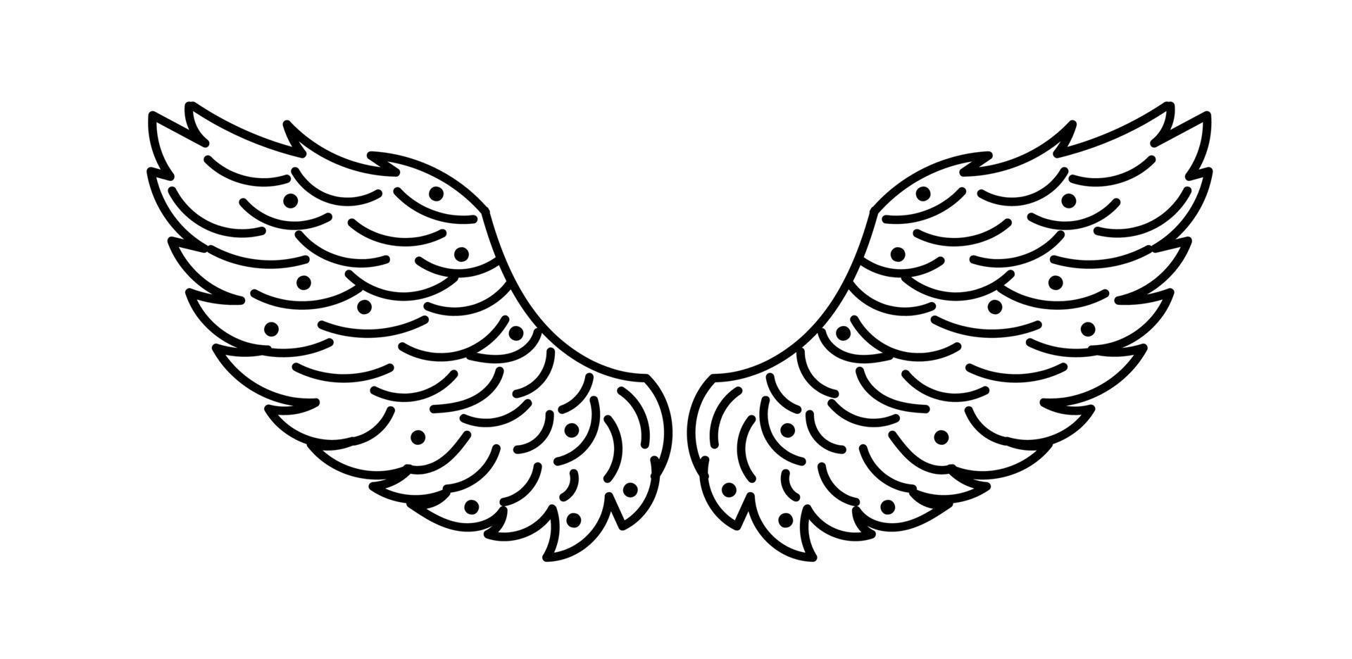 Modern doodle angel wings. Isolated vector template.