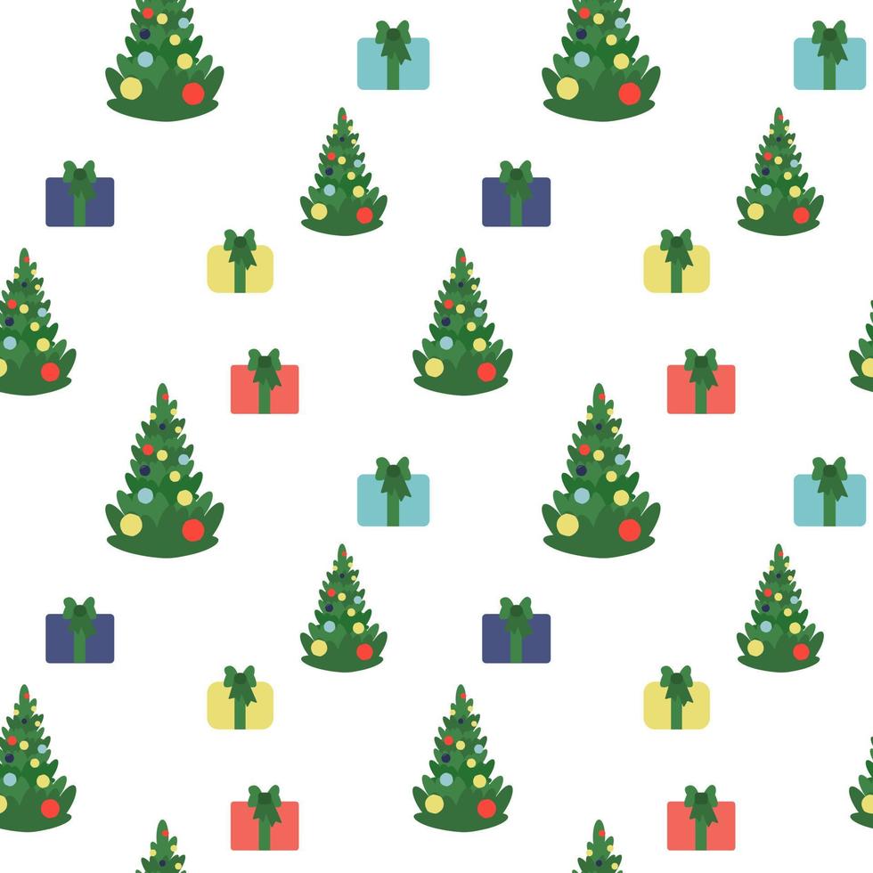 Christmas and Happy New Year seamless pattern with tree and gift boxes. Isolated on white vector illustration. Endless holiday background.