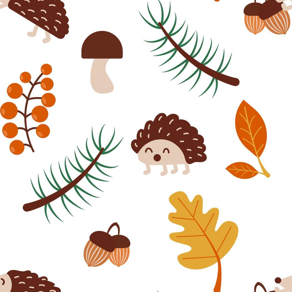 patrón de otoño sin costuras con erizo y hojas. ilustración vectorial aislada. vector