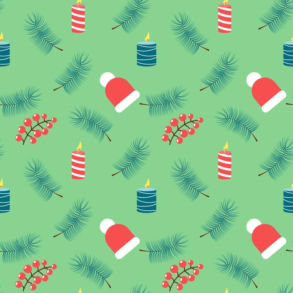 Christmas seamless pattern with hat, candles, berries and pine branch. Festive background for winter holiday design. vector