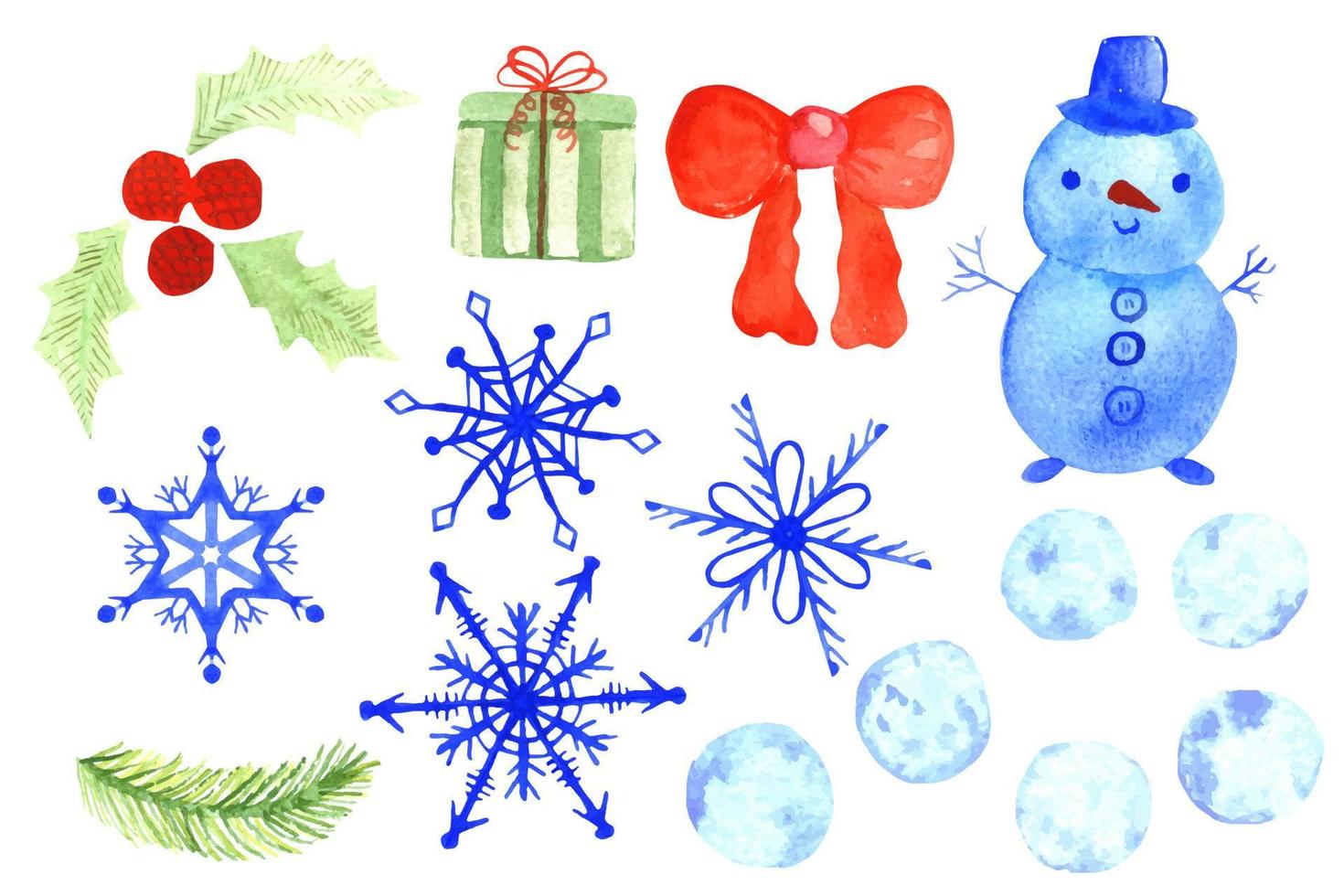 Set of watercolor Christmas elements. New Year's illustrations for greeting card design. vector