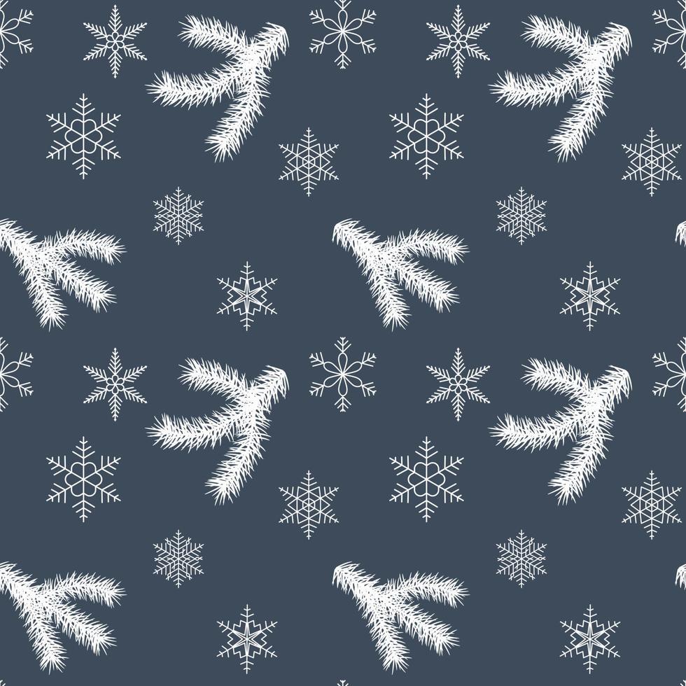 Christmas and Happy New Year seamless pattern with tree branches and snowflakes. Isolated on dark blue vector illustration. Endless holiday background.