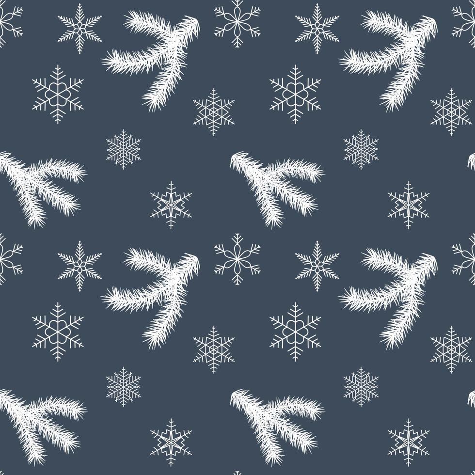 Christmas and Happy New Year seamless pattern with tree branches and snowflakes. Isolated on dark blue vector illustration. Endless holiday background.