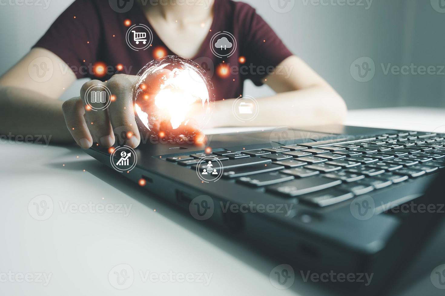 Concept global data connection with internet technology, users are using labtop for online transactions by internet technology, big data, database management, cloud computing, cashless society. photo