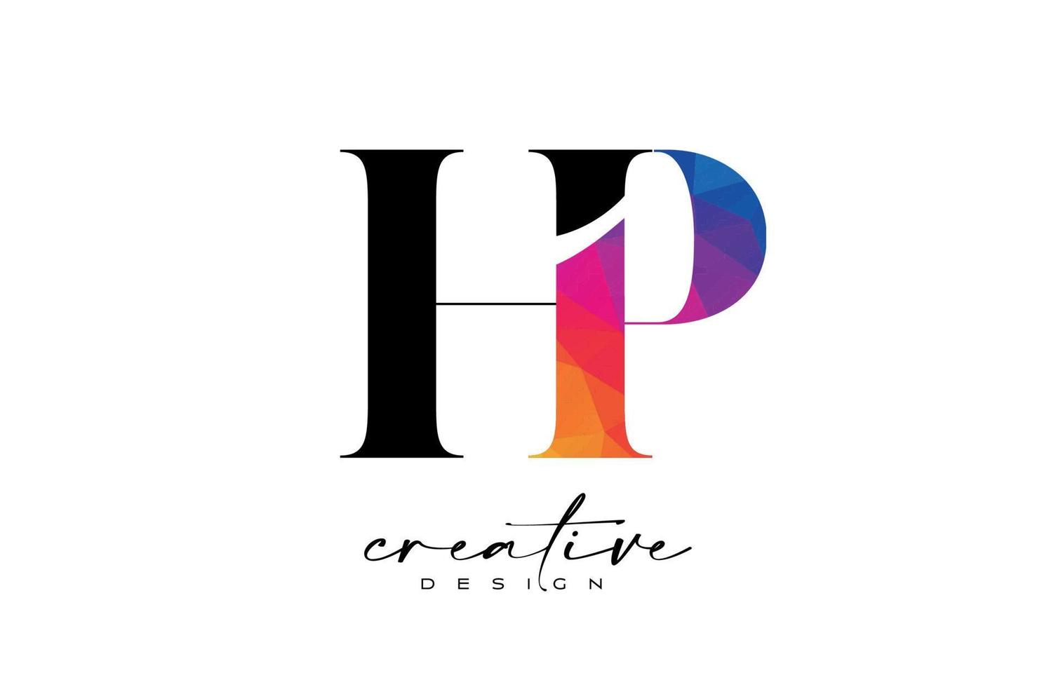 diseño de letras hp con corte creativo y textura colorida del arco iris vector