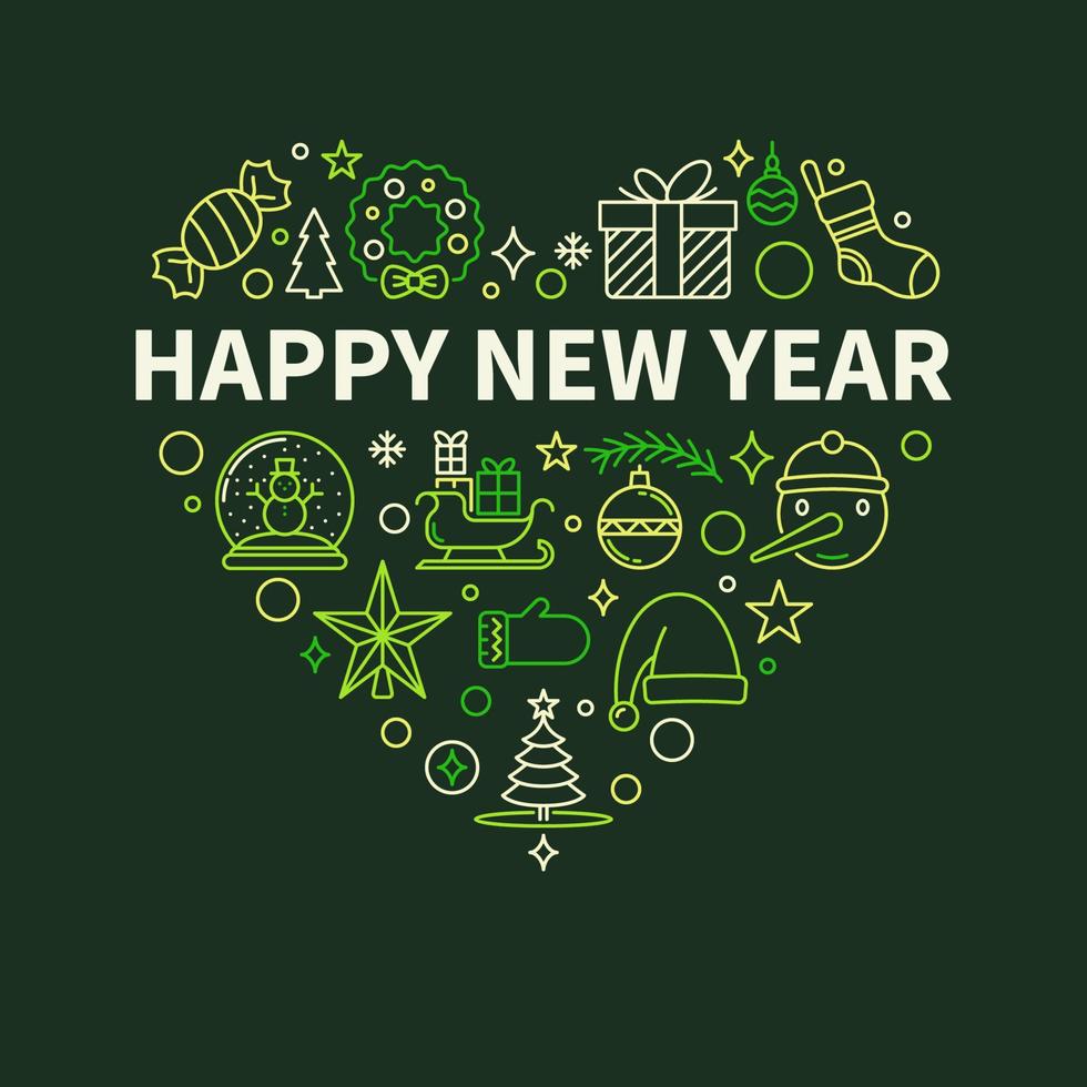 Happy New Year Heart Shaped outline green festive design vector