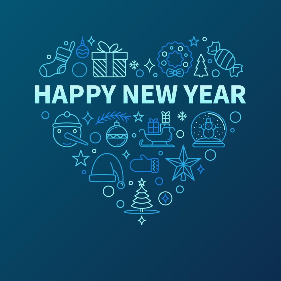 feliz año nuevo línea en forma de corazón diseño festivo azul vector