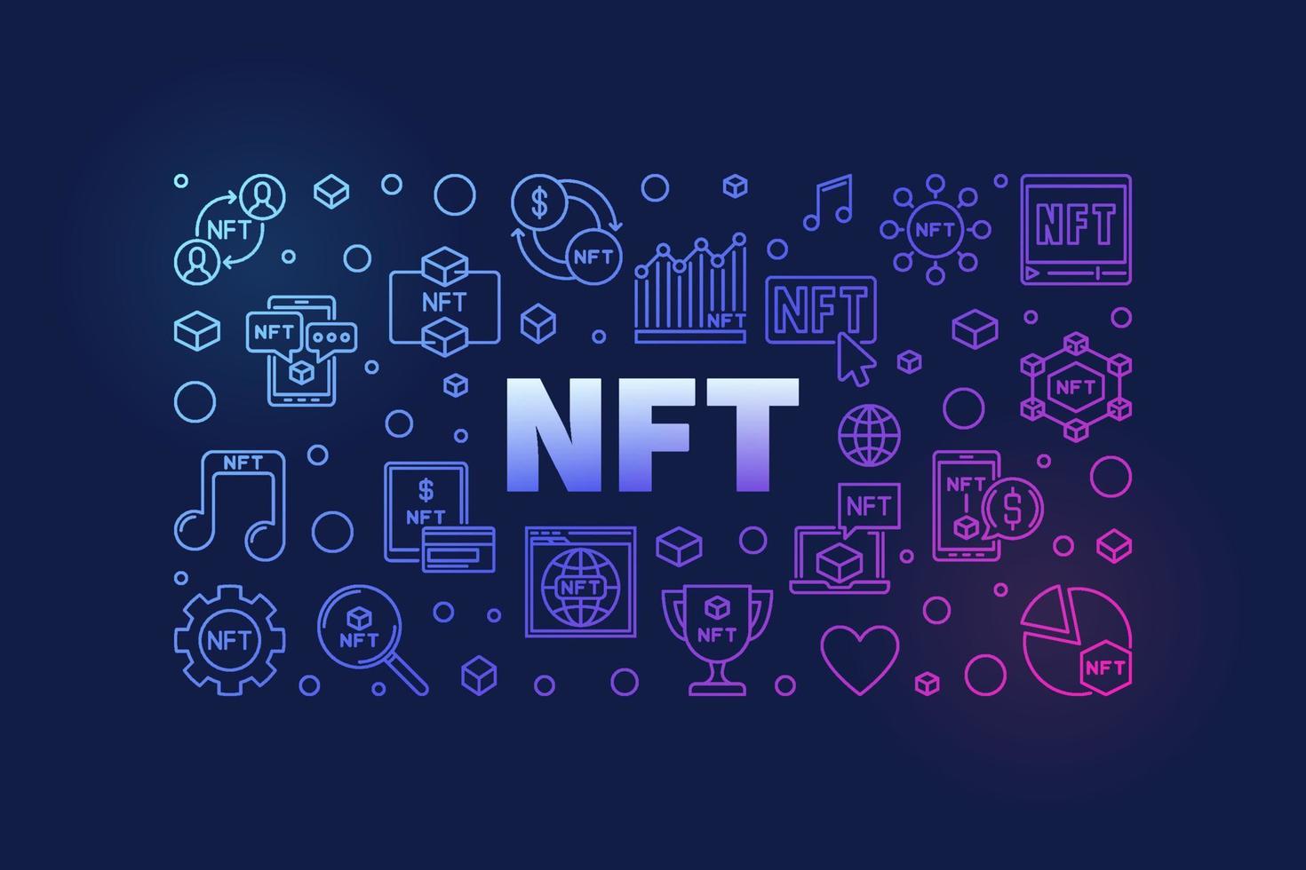 NFT concept colored horizontal banner. Non-Fungible Token vector illustration