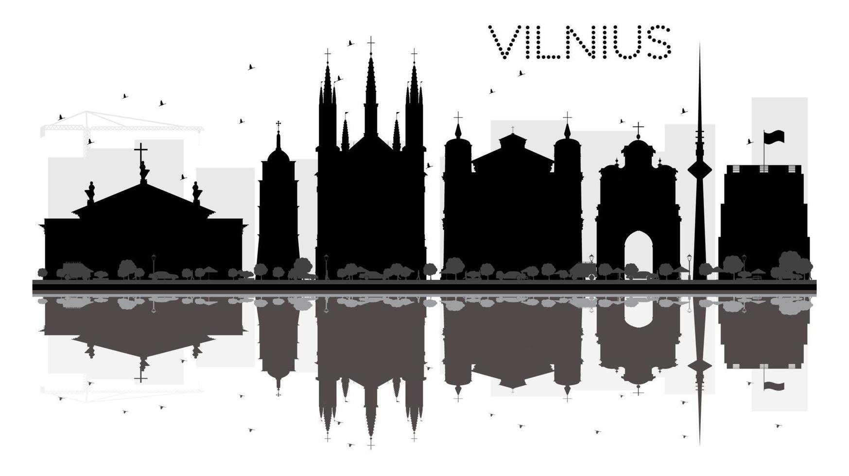 Silueta en blanco y negro del horizonte de la ciudad de Vilnius con reflejos. vector